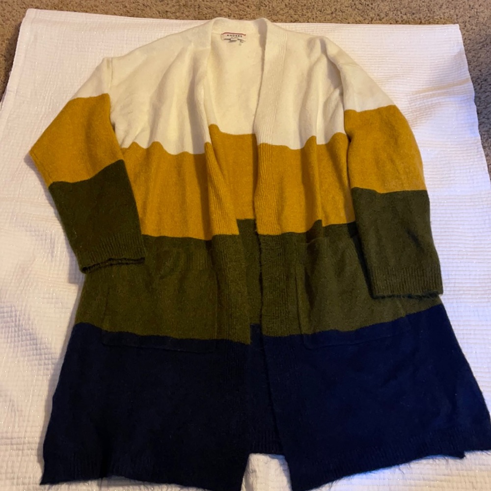 Cream, mustard, and navy longer length cardigan EUC